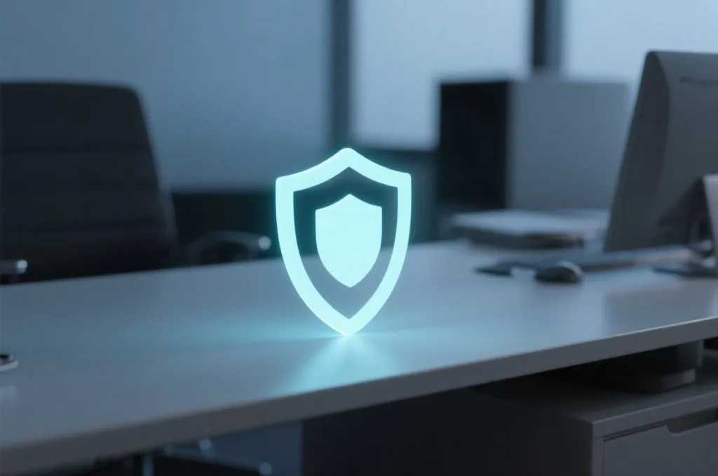 A minimalist digital security shield icon glowing on a sleek office desk, representing data protection and official verification, professional style