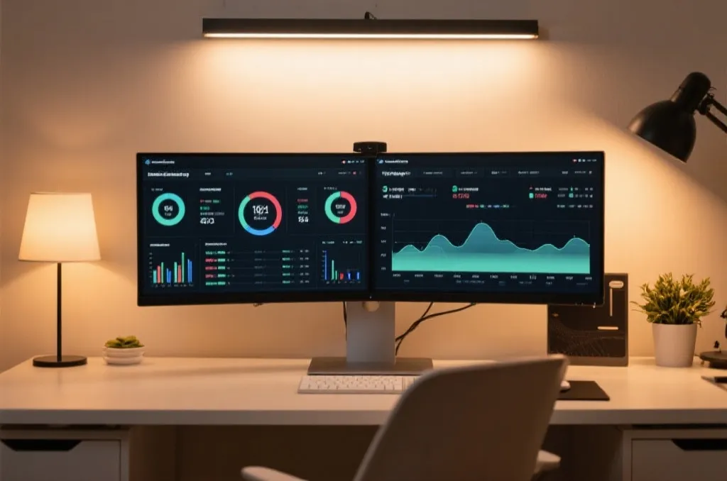 A clean modern desk with a dual-screen monitor setup displaying generic, unbranded sports statistics and data visualization, warm ambient lighting
