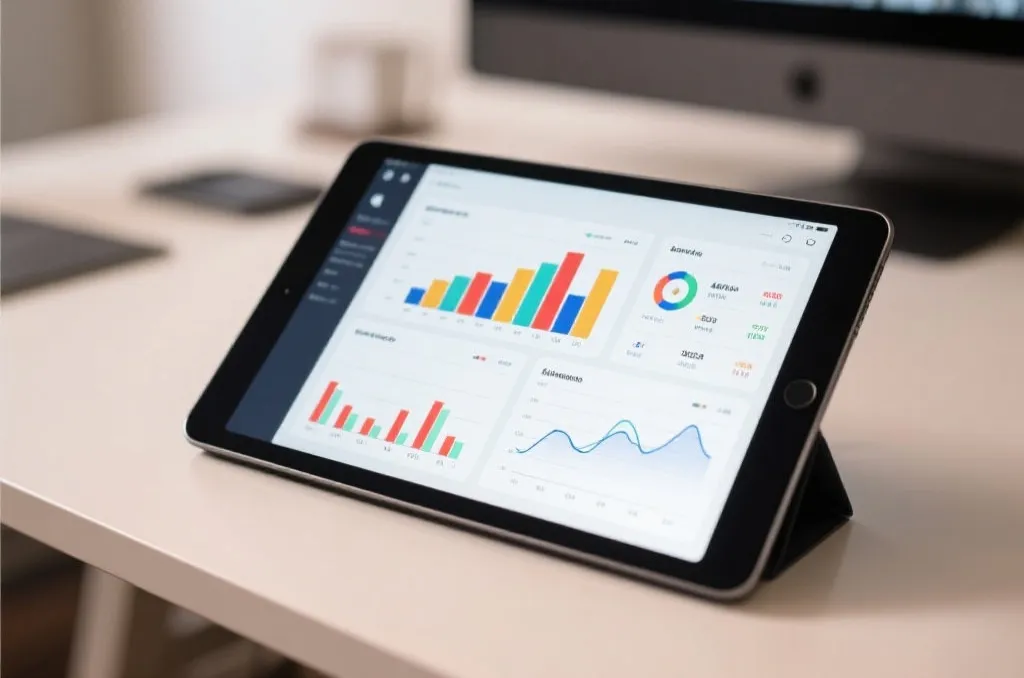 Modern tablet computer displaying a clean sports analytics dashboard with charts and graphs
